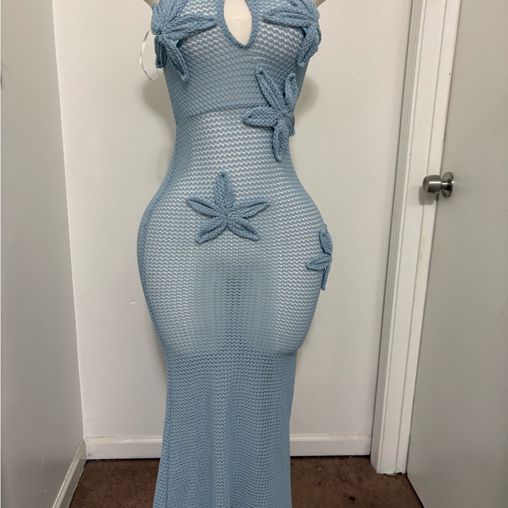 Light Blue Crochet Swim Coverup Dress with Floral Appliqués NWOT XS